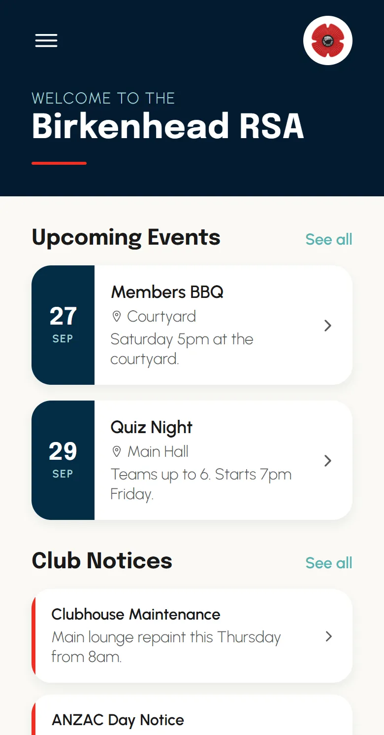 The Birkenhead RSA member app built on Club App: upcoming events with their dates and venues, and club notices.