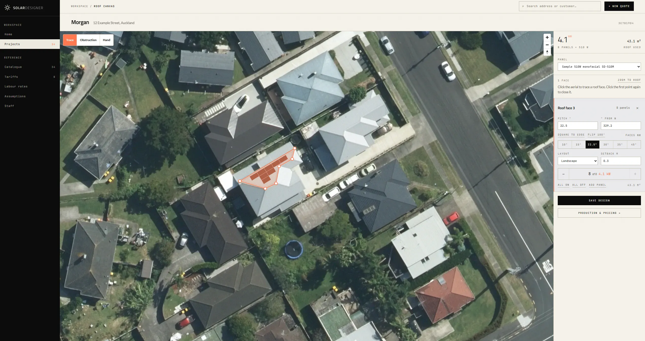 Solar Designer's roof canvas: a house traced on aerial imagery, one roof face outlined and filled with eight panels, and the inspector showing the face's pitch, direction, layout and 4.1 kW.